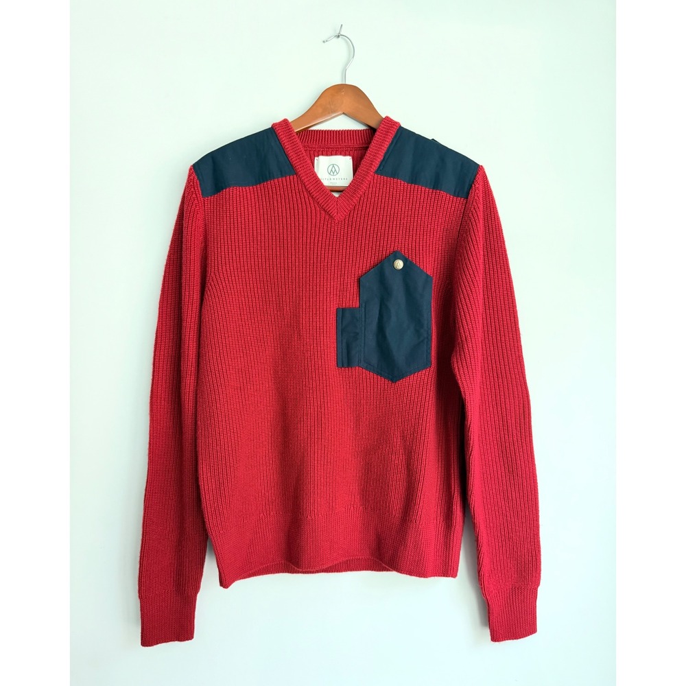 Alps & Meters Patrol Knit Red Merino Wool V-Neck Sweater Navy Canvas Patches S